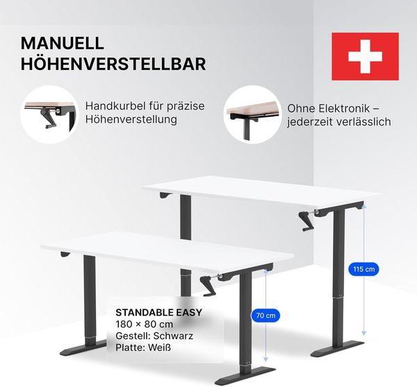 manuell höhenverstellbarer Schreibtisch EASY 180 x 80 cm - Gestell Schwarz, Platte Weiss Bild 4