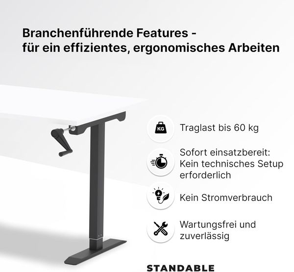 manuell höhenverstellbarer Schreibtisch EASY 180 x 80 cm - Gestell Schwarz, Platte Weiss Bild 5