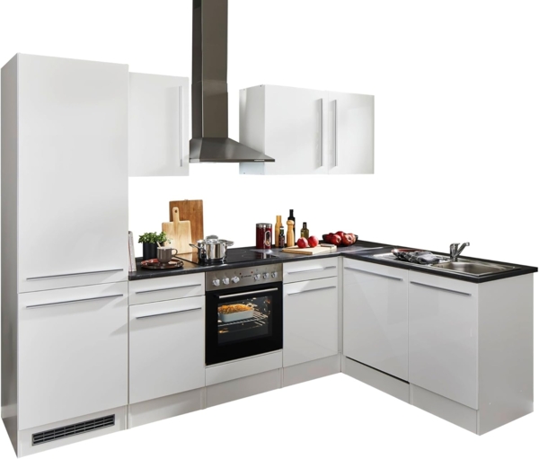 Jazz 8 Moderne Eckküche mit Elektrogeräten in Weiß Hochglanz, Metallic Grau - Geräumige Küchenzeile in L-Form mit viel Stauraum - 280 x 211 x 60 cm (B/H/T)