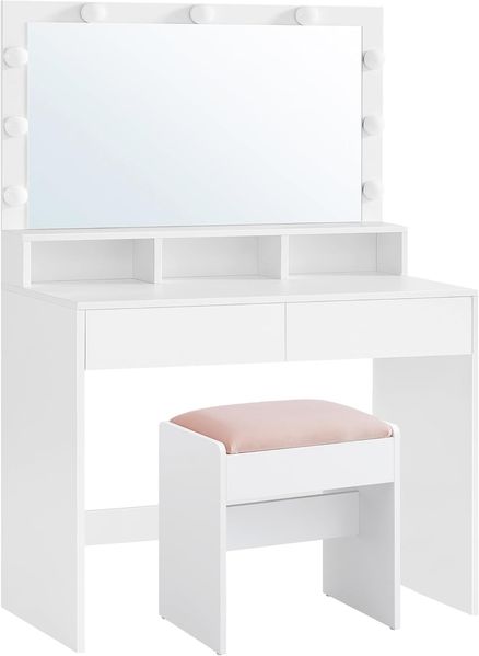 VASAGLE Schminktisch, mit LED-Beleuchtung, einstellbare Helligkeit, Frisiertisch mit Spiegel, Hocker, Kosmetiktisch mit 2 Schubladen und 3 offenen Fächern, modern, wolkenweiß und pastellrosa RDT720W01