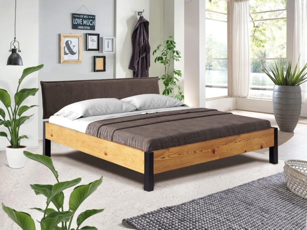 Möbel-Eins CURBY Bett Metallfuß, mit Polsterkopfteil, Material Massivholz, rustikale Altholzoptik, Fichte natur 140x220 cm Stoff Braun ohne Steppung Bild 2