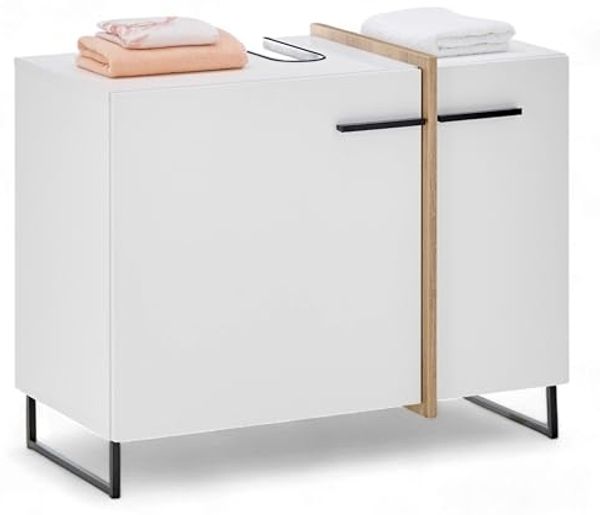 PALERMO Badezimmer Waschbeckenunterschrank in Weiß, Evoke Eiche Optik - Bad Unterschrank Badezimmerschrank mit viel Stauraum - 80 x 64 x 41 cm (B/H/T)