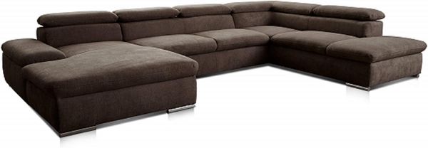 Cavadore Wohnlandschaft Alkatraz im modernen Design / U-Form mit Longchair links und Ottomane rechts / Inkl. Kopfteilverstellung / 350 x 73 x 226 / Braun