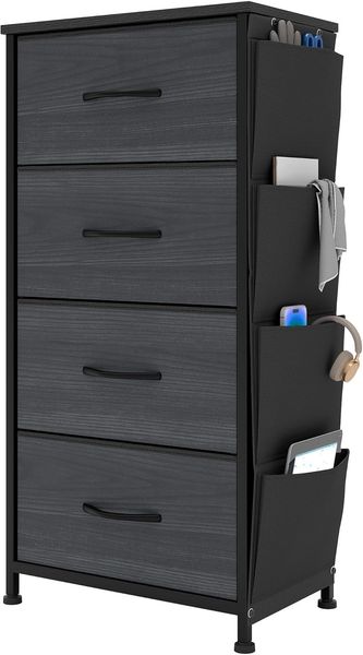 YITAHOME Kommode,Kommode mit 4 Schubladen,Kommodenschrank mit Haken und Seitentaschen,Stoffschubladen mit Griffen,Metallgestell,Dauerhaft,Schwarze Holzmaserung