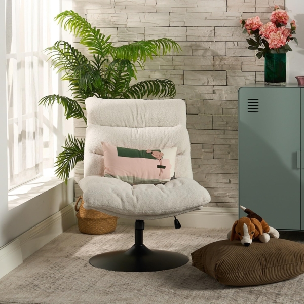 MEUBLE Cosy Sessel Lehnstühle Lounge mit höhenverstellbar Wippfunktion Relaxsessel 360° Drehbar Polsterstuhl für Wohnzimmer, Bouclé-Stoff, Weiß