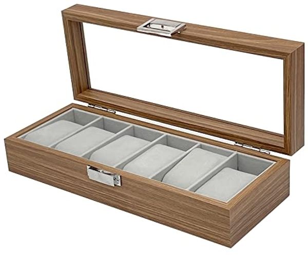 mixed24 Schmuckkasten Holz Uhrenkoffer für 6 Uhren Uhrenaufbewahrung Uhrenkasten Uhrenbox, Deckel aus Echtglas