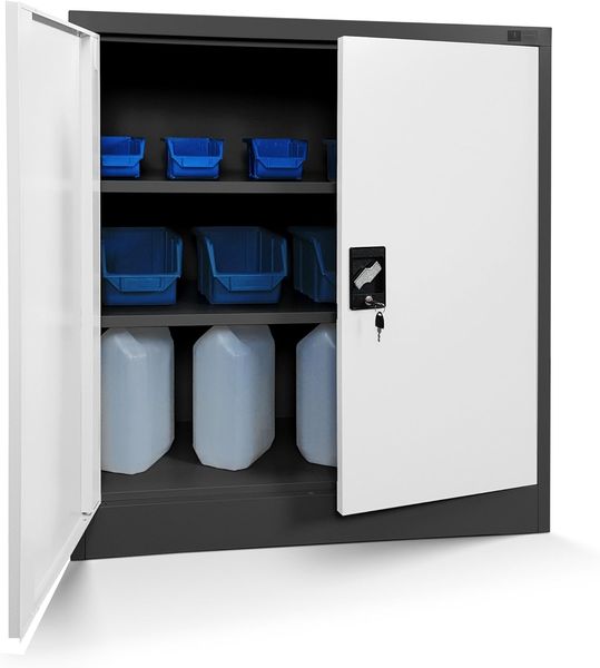 Jan Nowak Kleiner Aktenschrank C001B Büroschrank mit Flügeltüren Metallschrank Lagerschrank Pulverbeschichtet Stahlblech Abschließbar 92,5 x 90 x 40 cm (H x B x T) (anthrazit/weiß)
