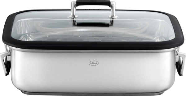 RÖSLE Silence Pro Bräter rechteckig, Hochwertiger Bräter mit Glasdeckel, Edelstahl 18/10, backofengeeignet, induktionsgeeignet, spülmaschinengeeignet, silbern