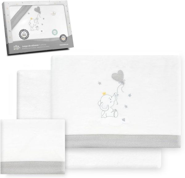 Interbaby Bettwäsche-Set für Kinderbett, 60x120 cm, 100% Baumwolle, warm, weich, inklusive Spannbettlaken, Bettbezug und Kissenbezug, ideal für den Winter, Elefantenballon Herz, Weiß/Grau