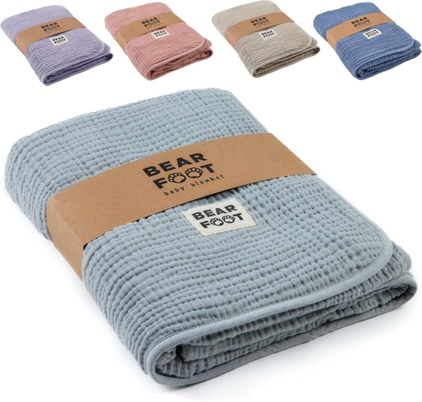 Babydecke Babydecke Musselin Fleecedecke flauschig weich - grau, BEARFOOT, flauschige Kuscheldecke, Baby, Neugeborene, Geschenk Junge & Mädchen