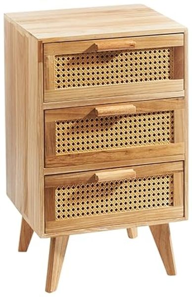 Kobolo Regal Kommode mit Wiener Geflecht Nachttisch Holz, Holzregal Wohnzimmer, 3 Schubladen