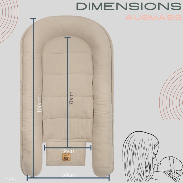 PIMKO Babynest Babynestchen für Baby Kuschelnest Babykokon für Säuglinge und Neugeborene Nestchen 60x90 cm 100% Baumwolle Musselin - Beige Latte Bild 8