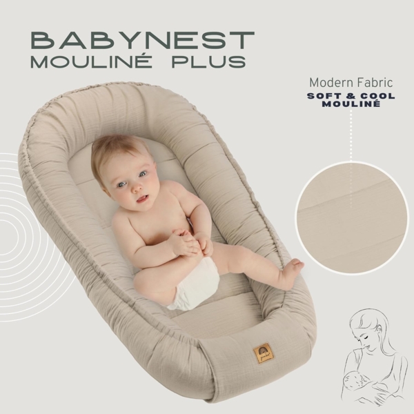 PIMKO Babynest Babynestchen für Baby Kuschelnest Babykokon für Säuglinge und Neugeborene Nestchen 60x90 cm 100% Baumwolle Musselin - Beige Latte Bild 4