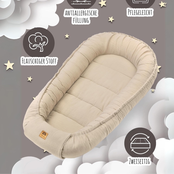 PIMKO Babynest Babynestchen für Baby Kuschelnest Babykokon für Säuglinge und Neugeborene Nestchen 60x90 cm 100% Baumwolle Musselin - Beige Latte Bild 5