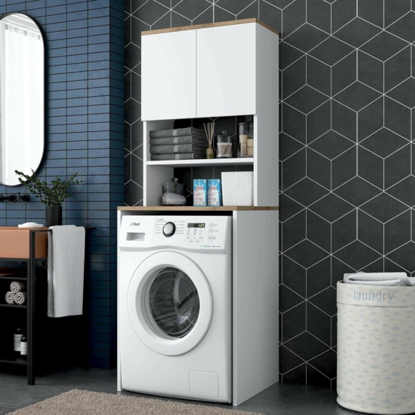 Dmora - 2-türiger MehrzweckschrankBellona, Multifunktionale Möbel, Schuhschrank, Besenschrank, 65x60h184 cm, Weiß und Walnuss