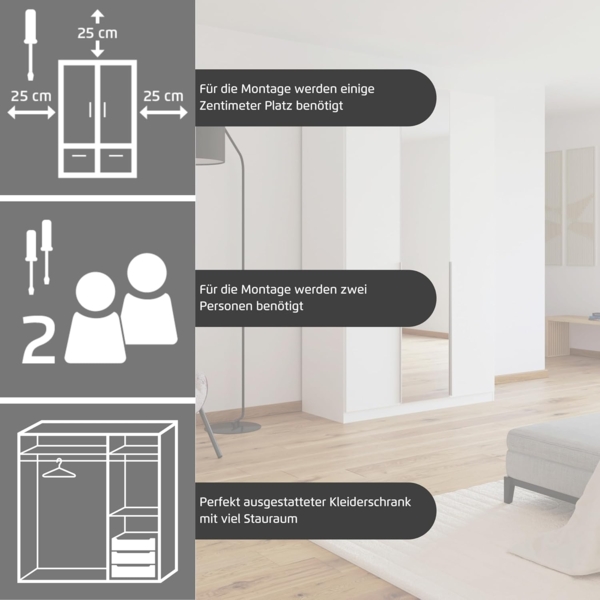 Rauch Möbel Alabama, Kleiderschrank, Garderobenschrank, 4-türig, Zubehör Classic, 2 Kleiderstangen, 7 Einlegeböden, Farbe Weiß/Eiche Artisan, Holz, Griff Grau metallic, 181 x 229 x 54 cm Bild 5