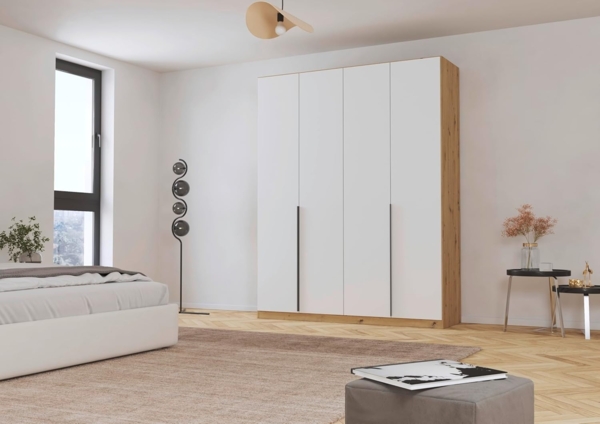 Rauch Möbel Alabama, Kleiderschrank, Garderobenschrank, 4-türig, Zubehör Classic, 2 Kleiderstangen, 7 Einlegeböden, Farbe Weiß/Eiche Artisan, Holz, Griff Grau metallic, 181 x 229 x 54 cm Bild 2