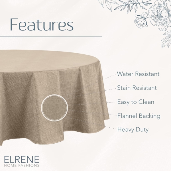 Elrene Home Fashions Monterey Linen Inspired Wasser- und Fleckenabweisende Vinyl-Tischdecke mit Flanellrückseite, 152,4x213,4 cm, oval, Taupe Bild 4