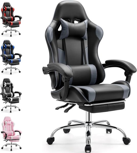 DUMOS Ergonomischer Gaming Stuhl mit Fußstütze Atmungsaktiver PC mit verstellbare Lendenkissen Kopfkissen und Armlehnen 150 kg Belastbarkeit Drehsessel