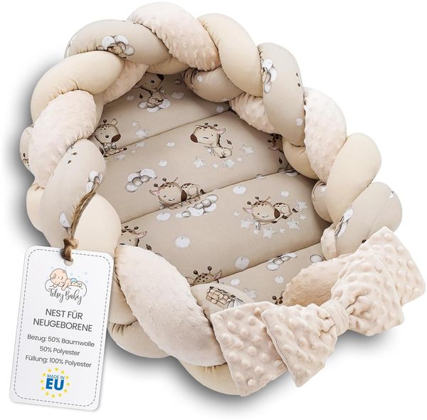 Babynest Neugeborene Nestchen Baby 75x45 cm – Plüschstoff Kuschelnest mit Zopf Kissen zerlegbares Set zweiseitig Babynestchen Babybett Giraffen