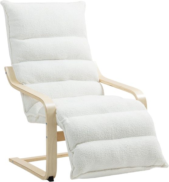 HOMCOM Relaxsessel Lounge-Sessel aus Birkenholz (gepolsterter Relaxsessel mit verstellbarer Fußstütze, 1-St, moderner Sessel für Wohnzimmer), 93-114 x 67 x 105 cm, Weiß