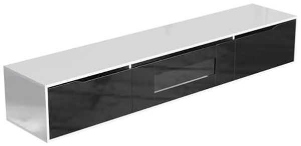 39F FURNITURE DREAM Modern High Gloss TV Cabinet with LED Lighting, Black and White Media Unit for 50 to 65 Inch TVs, 180 x 35 x 30 cm
