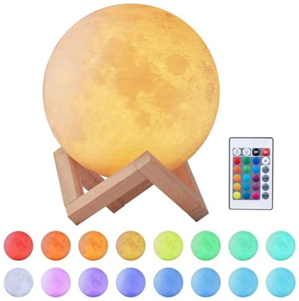 EXTSUD LED Nachtlicht 15cm Mond Lampe 16 Farben 3D Mondlampe mit Fernbedienung, Touchschalter eingebaut Batteriebetrieben dimmbar USB Wiederaufladbare, Nachtlampe Schlafzimmer Dekorative Lichter, für Kinder, M15