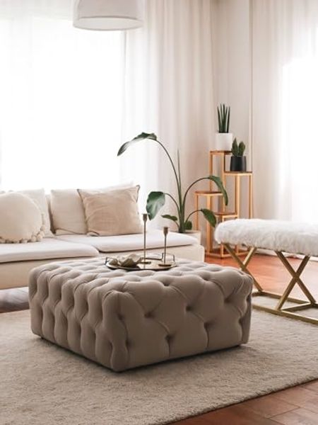 Atelier Del Sofa Stylish Cream Pouffe, 80 x 80 x 40 cm | 100% Metal Frame, Babyface Fabric | Perfect for Modern Living Rooms & Cozy Spaces, Durable & Chic Design