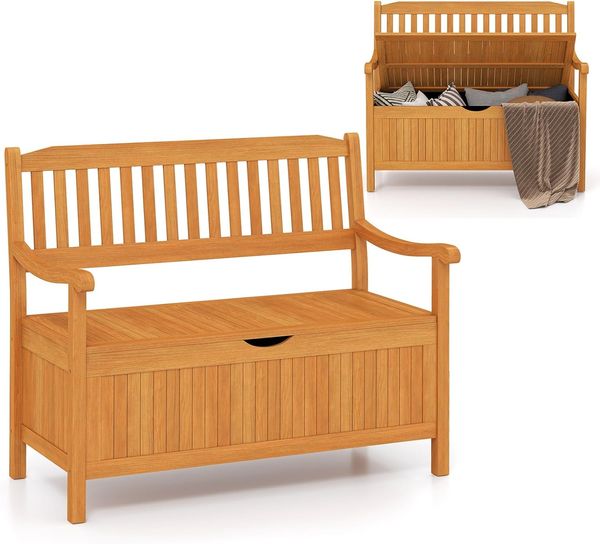 FANTASK Gartenbank Holz mit Stauraum, Aufbewahrungsbank für 2-Sitzer, Outdoor Balkonbank mit abnehmbarem Innensack bis 360kg belastbar, Natur