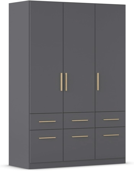 Rauch Möbel Dundee, Kleiderschrank, Schrank, Garderobe, Organizer, 3-türig, 6 Schubladen, Farbe Grau metallic, Schwarz, Holzgriff Eiche Massiv, 136 x 197 x 54 cm