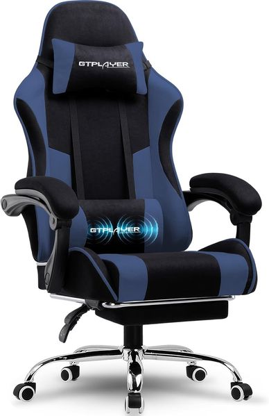 GTPLAYER Gaming Stuhl, Bürostuhl, Ergonomischer Pc Stuhl, Gaming Sessel mit Massagelendenwirbelstütze, Task Stühle mit Fußstütze und Kopfstütze, Blau Stoff