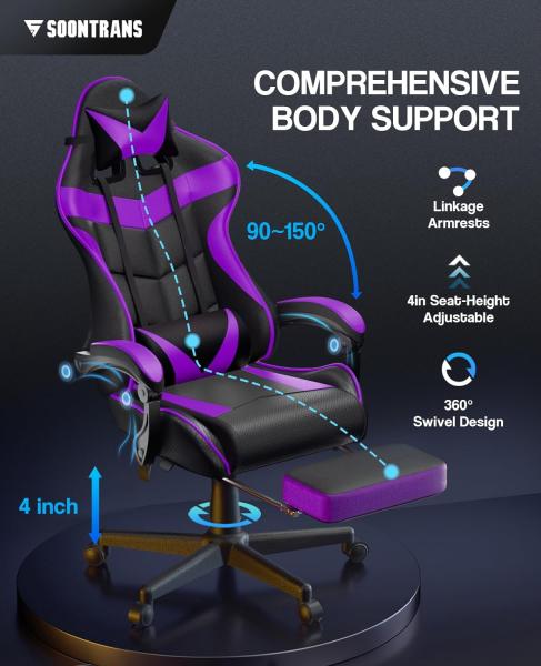 Soontrans Gaming Stuhl Massage, Gaming Sessel mit Fußstütze & Kopfstütze & Massage-Lendenkissen, Gepolsterte Armlehnen, Ergonomisch Gaming Stuhl für Gamer YouTube Livestreaming Xbox (Lila) Bild 8