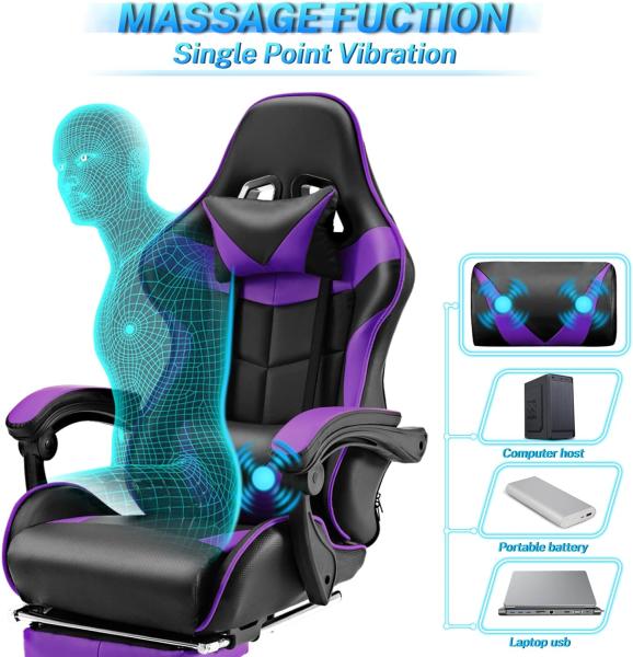 Soontrans Gaming Stuhl Massage, Gaming Sessel mit Fußstütze & Kopfstütze & Massage-Lendenkissen, Gepolsterte Armlehnen, Ergonomisch Gaming Stuhl für Gamer YouTube Livestreaming Xbox (Lila) Bild 9