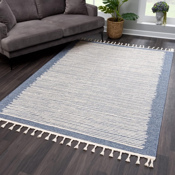 Teppich Wohnzimmer mit Fransen Deko Boho – Blau Cream-Streifen – 120x170cm - Kurzflor Schlafzimmer Flur Dekoration Läufer - Skandinavische Teppiche