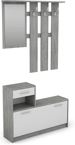 byLIVING Garderoben-Set TAMINA / Kommode mit Schuhschrank + hängende Garderobe mit Spiegel / Beton Optik grau / Fronten Weiß / Flur-Schrank / Schränke / Regal / 100 x 190 x 25 cm (B x H x T)