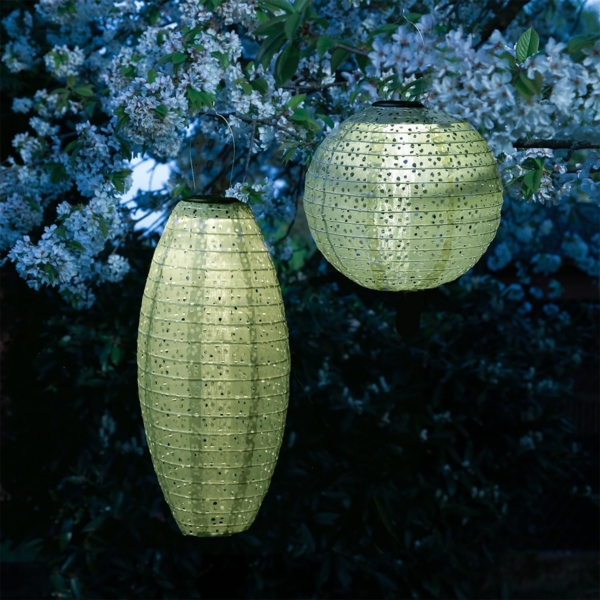 MARELIDA LED Lampion Solar Gartenlampions Blumenmuster grün Party Balkon Terrasse 2 Stück, LED Classic, warmweiß (2100K bis 3000K)