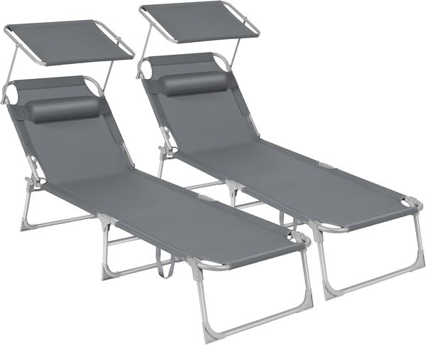 SONGMICS Sonnenliege, 2er Set, Liegestuhl, bis 250 kg belastbar, 193 x 53 x 29 cm, mit Sonnendach und Verstellbarer Rückenlehne GCB19UV1-2
