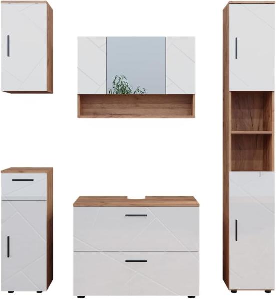 Vicco Badmöbelset Irma Eiche Weiß Hochglanz modern 80 cm 30 cm Badezimmerschrank Badschrank Badezimmermöbel Waschtischunterschrank Spiegelschrank Hochschrank Midischrank Hängeschrank Tür Schublade