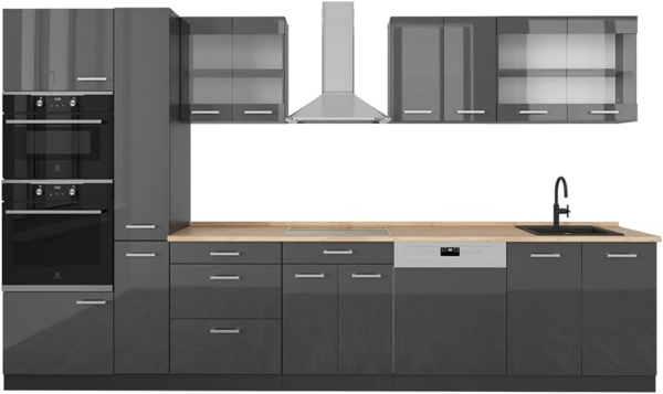 Küchenzeile R-Line Anthrazit Hochglanz/Anthrazit 350 cm ohne Arbeitsplatte Vicco