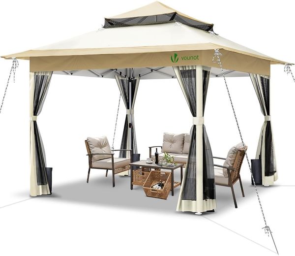 VOUNOT Pavillon Faltbar 3.6x3.6 m, UV Schutz 50+ & Wasserdicht & Stabil, Pop Up Faltpavillon mit 4 Seitenteilen/Moskitonetz, Gartenzelt Partyzelt Gartenpavillon mit 4 Gewichte, Tasche, Beige