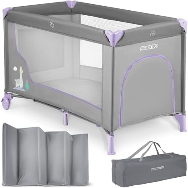 Ricokids Reisebett Baby Mit Matratze 125 x 65 x 78 cm Kinderreisebett Babybett Bis 15 kg 2 Räder Mit Bremsen Abnehmbarer Seiteneingang Transporttasche Faltbar Kompakt Hellgrau Lavendel