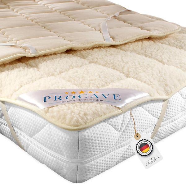 PROCAVE weiches Unterbett mit Lammflor und Schurwolle, hochwertige Matratzen-Topper, Matratzen-Schoner mit 4 Eckgummis, Matratzen-Auflage 200x190 cm
