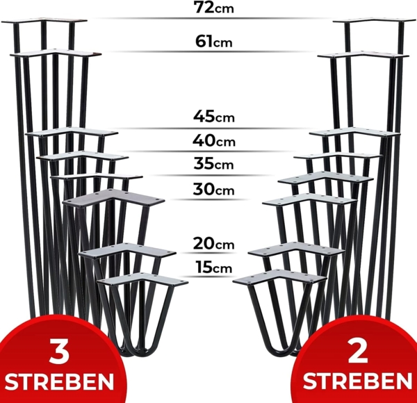 VENDOMNIA Tischbein Hairpin 4er Set, Metall, aus Stahl, 2 oder 3 Streben, Größenwahl, Haarnadel Möbelfüße,Hairpin Legs Tischgestell,Couchtisch, Schreibtisch Bild 6