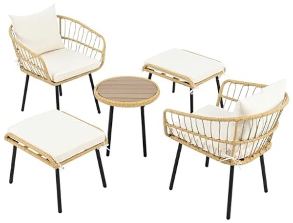 SOFTWEARY Balkonset Gartenlounge-Set, (5-tlg, 1 Couchtisch, 2 Stühle, 2 Hocker), Loungeset, Gartenmöbel, Metallrahmen, Polyrattan
