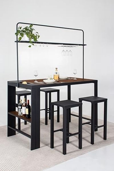 LECO Bar-Sitzgruppe/Gartentheke ELSA, 1 Theke mit 4 Hockern, Aluminiumgestell anthrazit, Silikatplatten in Holzoptik, 1,57x0,80x2,09 m
