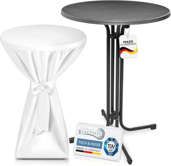 Beautissu Stehtisch Outdoor Stehtisch Sylt, klappbar, Ø80cm, Weiß, mit Husse, Platzsparender Bistrotisch in Gastro-Qualität