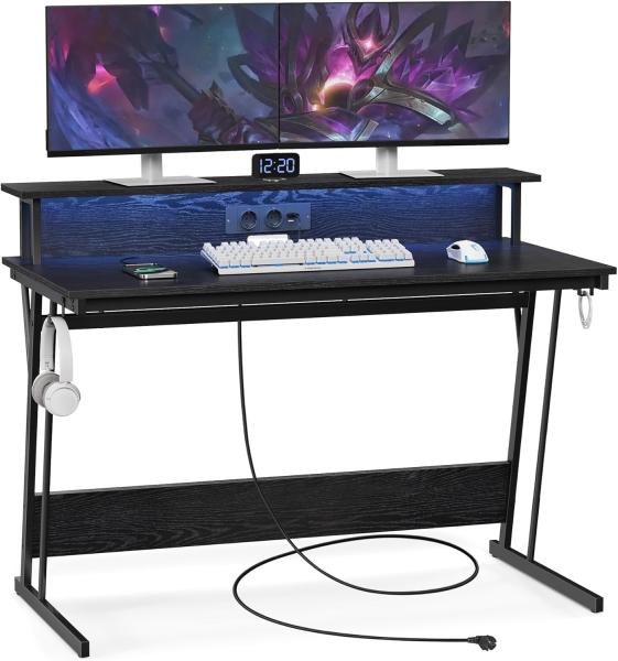 Vasagle Gaming Tisch mit eingebauter Steckdosenleiste und Monitorständer für 2 Monitore, Holz / Stahl klassikschwarz, 60 x 120 x 76 cm