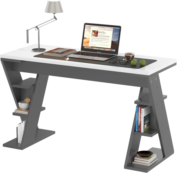 Ball & Cast Schreibtische (120 * 50 cm) mit X-förmiger Halterung, Einfacher Computertisch mit Sechs Lagerregal, Einfach & Zeitsparend Montierbar, Weiß + Grau Bild 8