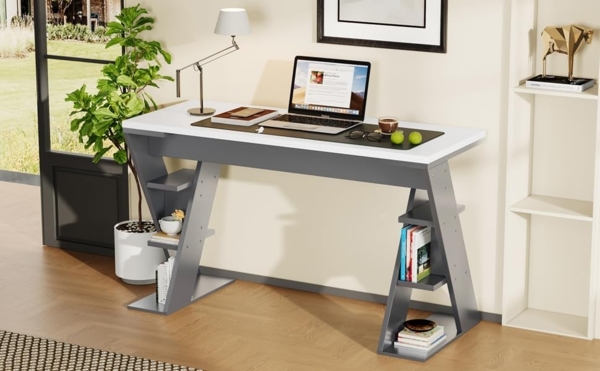 Ball & Cast Schreibtische (120 * 50 cm) mit X-förmiger Halterung, Einfacher Computertisch mit Sechs Lagerregal, Einfach & Zeitsparend Montierbar, Weiß + Grau Bild 3