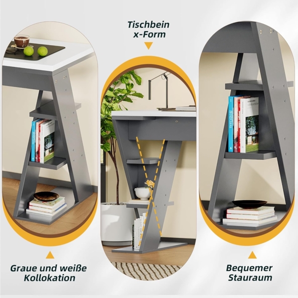 Ball & Cast Schreibtische (120 * 50 cm) mit X-förmiger Halterung, Einfacher Computertisch mit Sechs Lagerregal, Einfach & Zeitsparend Montierbar, Weiß + Grau Bild 7